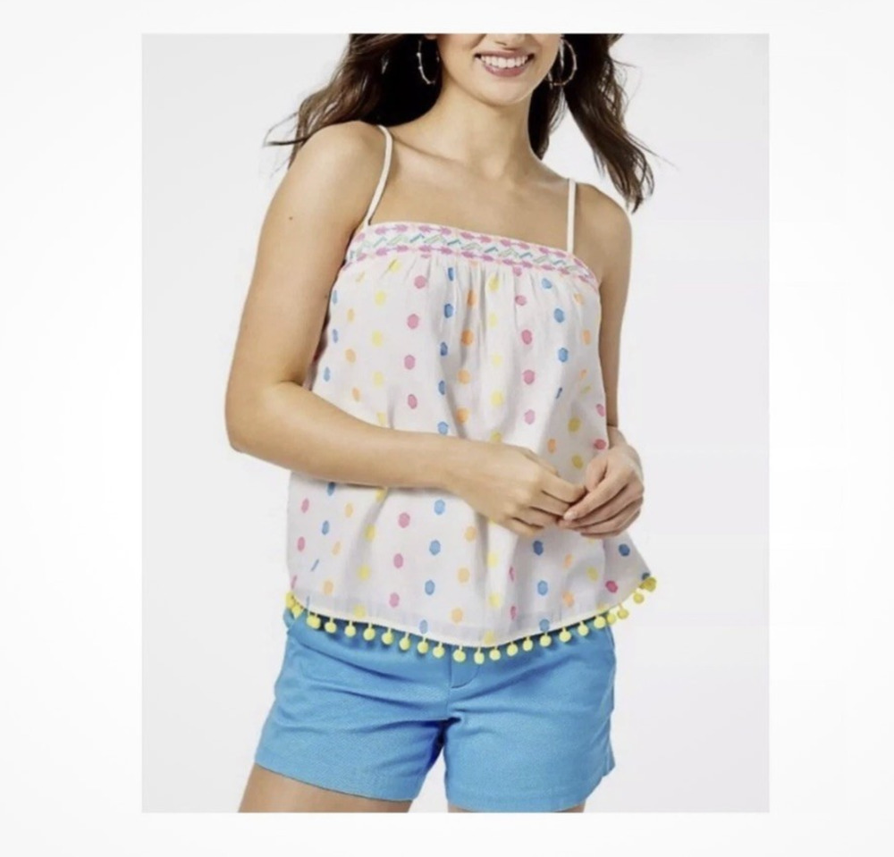 Lilly Pulitzer Bryde Top Size L Tropical Polka Dot Pom Pom Tassel Cotton Cami